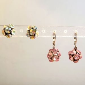 2 Pairs Rhinestone Pierced Earrings Lot 1 Pair Crystal AB 1 Pair Pink Crystal